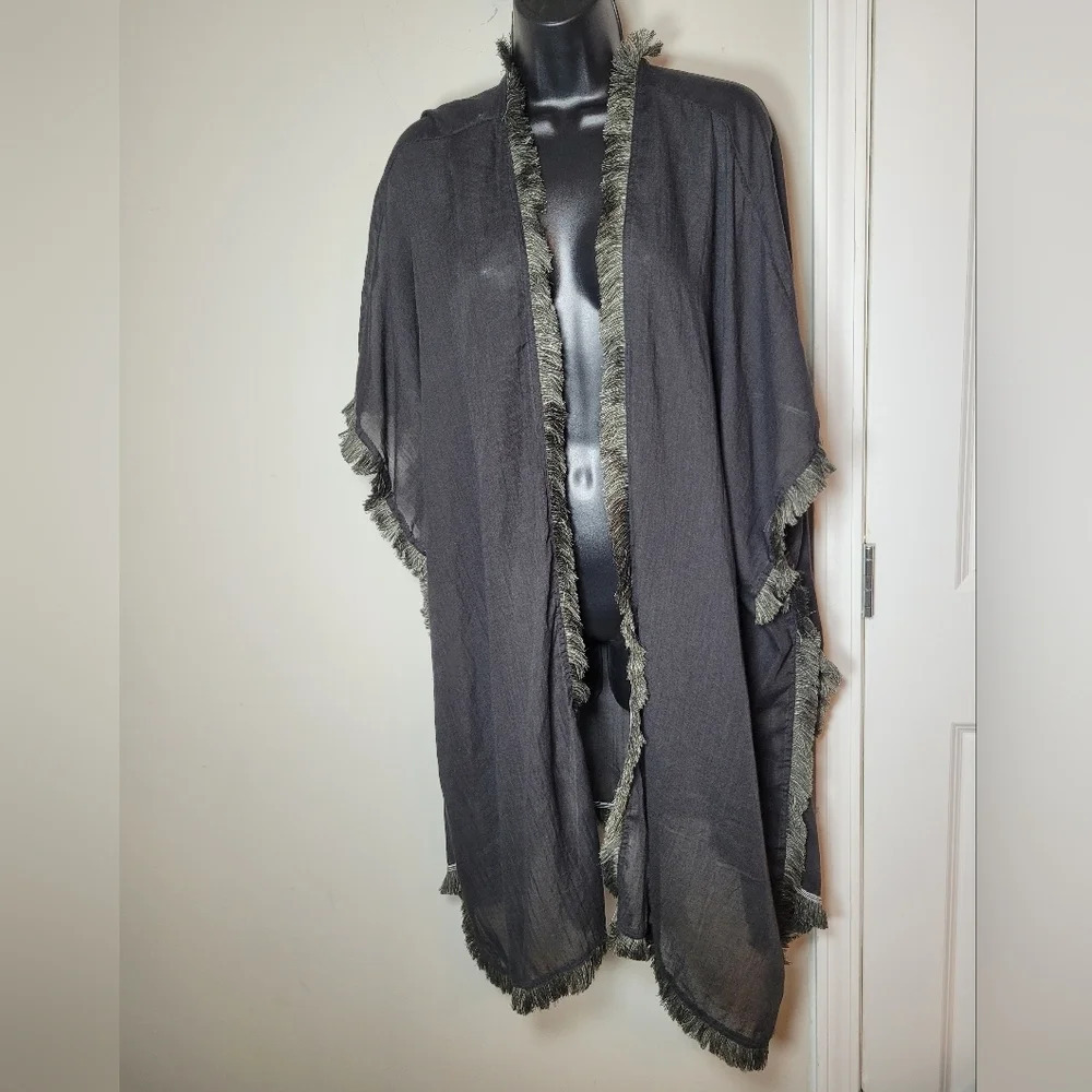 NWT Kori America Black Fringe Trim Kimono sz S